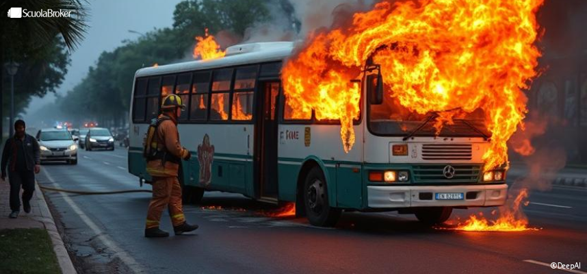 Autobus in fiamme, salvi gli studenti